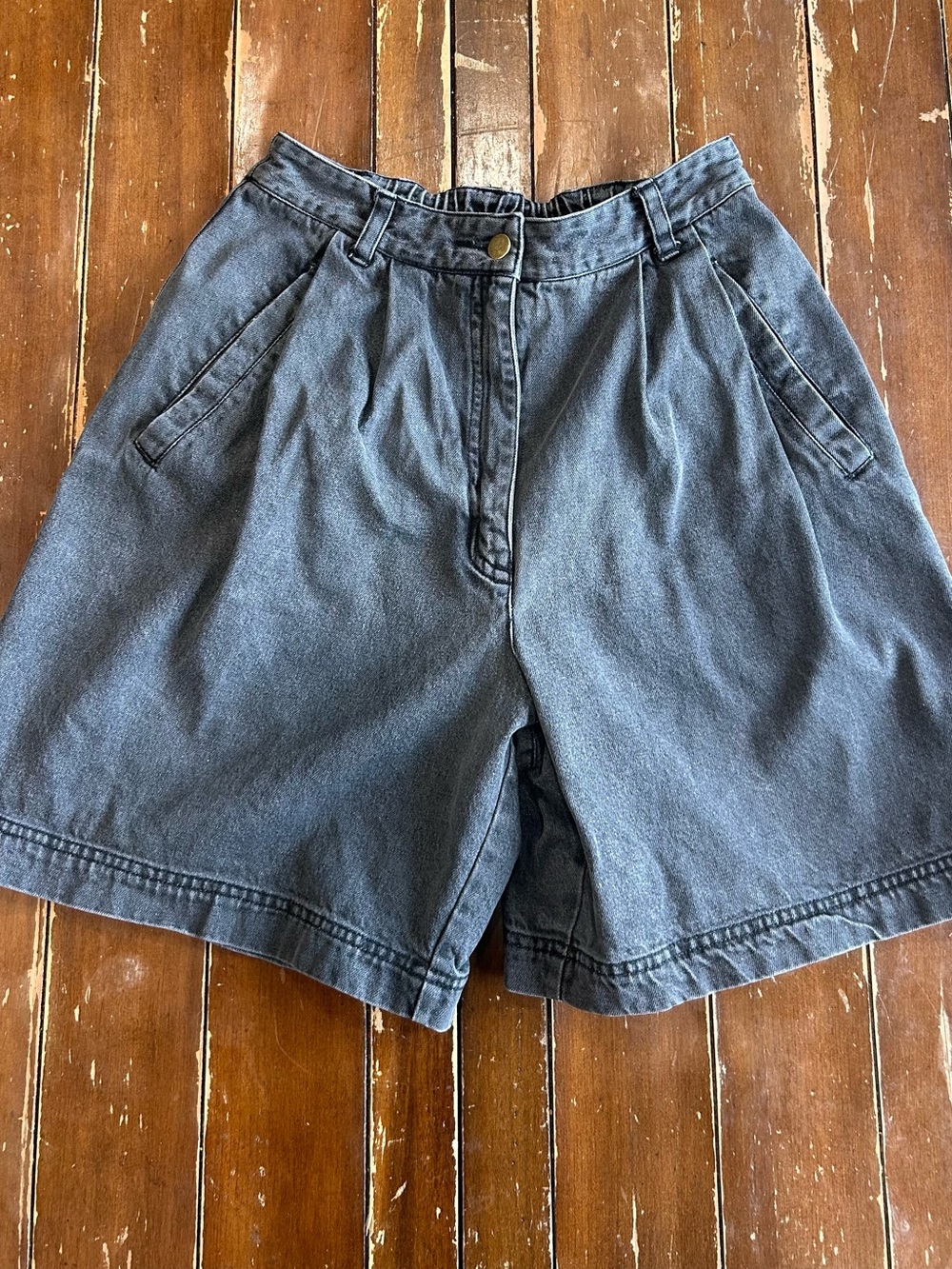 Carole Little Charcoal Washed Denim Pleated Shorts